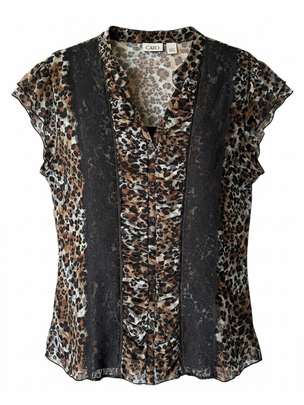 Cato Leopard Print Blouse with Black Lace Panels